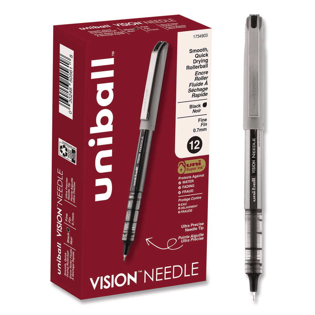 VISION Needle Roller Ball Pen, Stick, Fine 0.7 mm, Black Ink, Gray/Clear/Black Barrel, Dozen