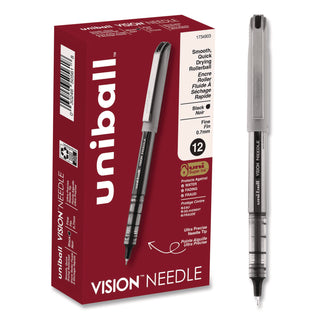 VISION Needle Roller Ball Pen, Stick, Fine 0.7 mm, Black Ink, Gray/Clear/Black Barrel, Dozen