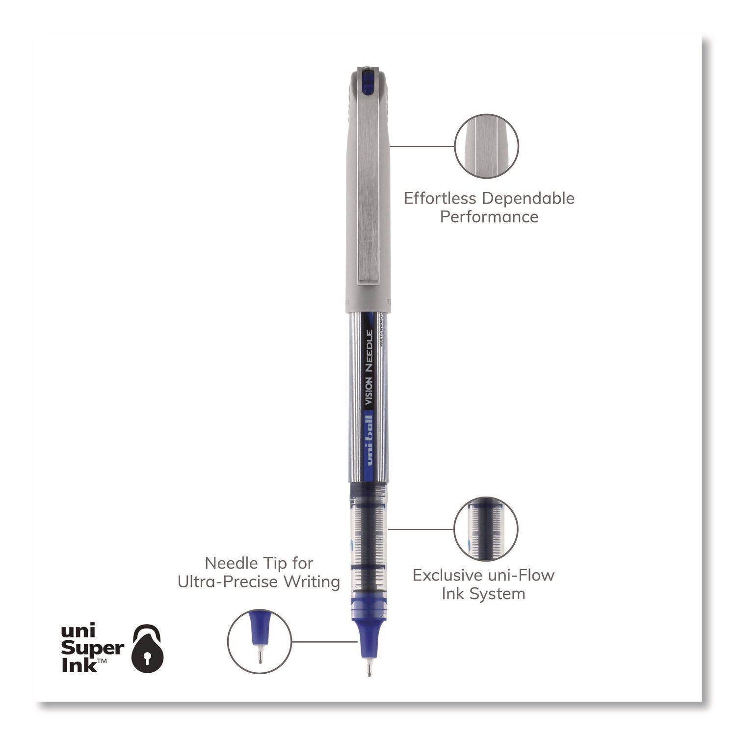 VISION Needle Roller Ball Pen, Stick, Fine 0.7 mm, Blue Ink, Gray/Clear/Blue Barrel, Dozen