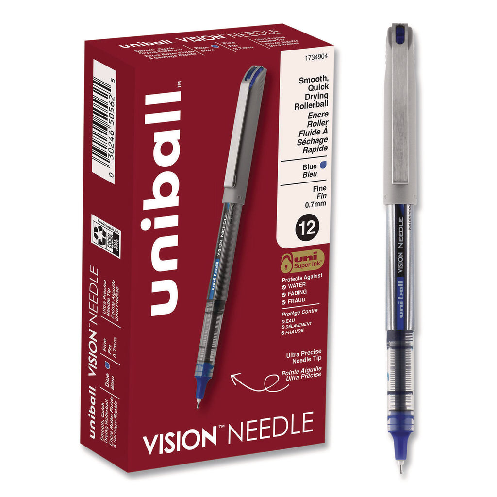 VISION Needle Roller Ball Pen, Stick, Fine 0.7 mm, Blue Ink, Gray/Clear/Blue Barrel, Dozen
