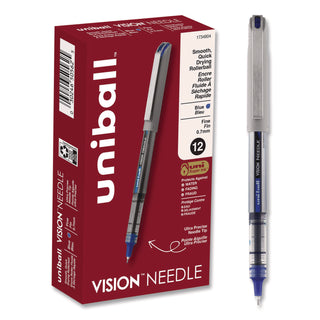 VISION Needle Roller Ball Pen, Stick, Fine 0.7 mm, Blue Ink, Gray/Clear/Blue Barrel, Dozen