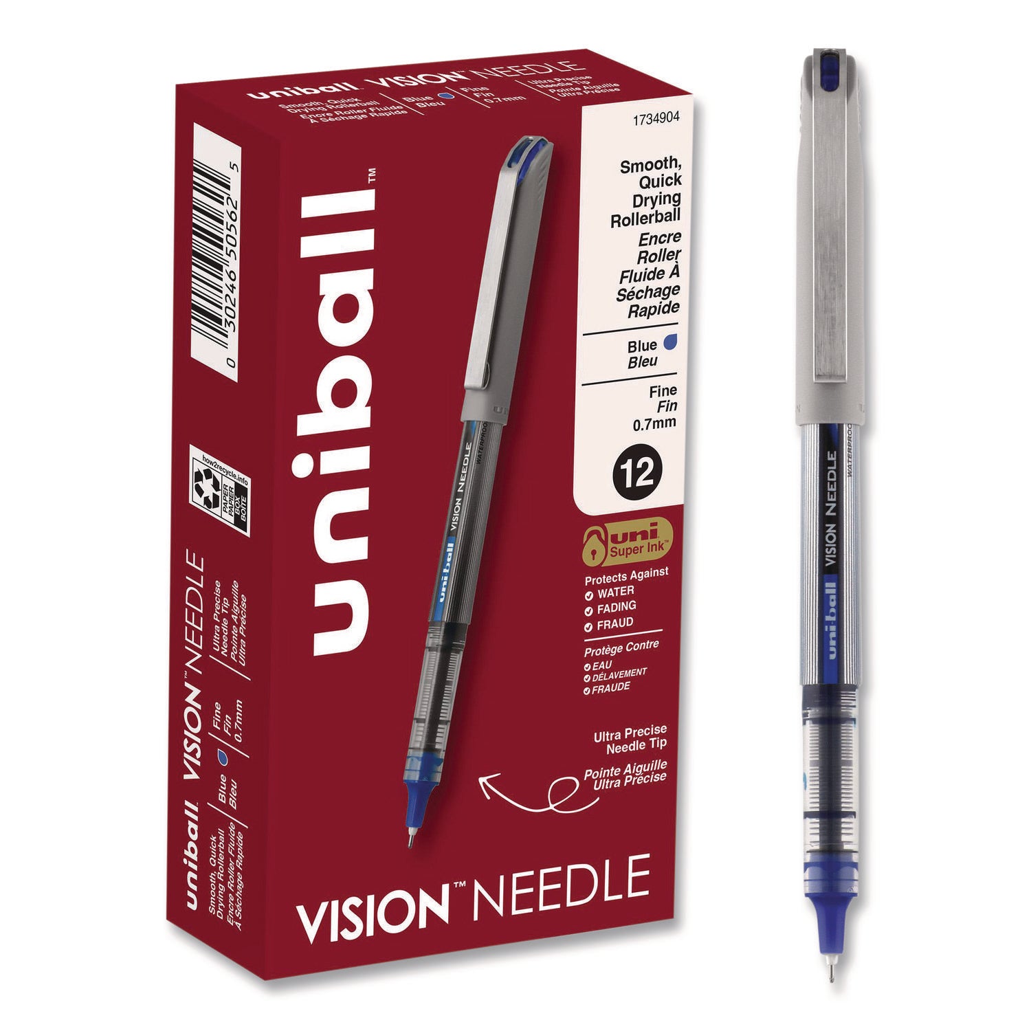 VISION Needle Roller Ball Pen, Stick, Fine 0.7 mm, Blue Ink, Gray/Clear/Blue Barrel, Dozen
