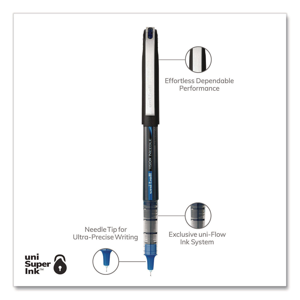VISION Roller Ball Pen, Stick, Extra-Fine 0.5 mm, Blue Ink, Black/Blue/Clear Barrel, 12/Pack