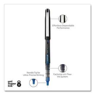 VISION Roller Ball Pen, Stick, Extra-Fine 0.5 mm, Blue Ink, Black/Blue/Clear Barrel, 12/Pack