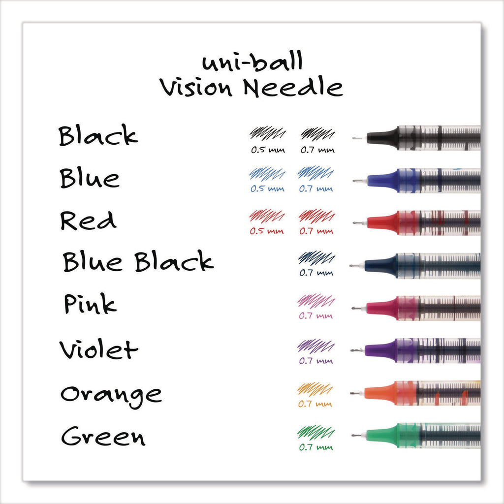 VISION Roller Ball Pen, Stick, Extra-Fine 0.5 mm, Blue Ink, Black/Blue/Clear Barrel, 12/Pack
