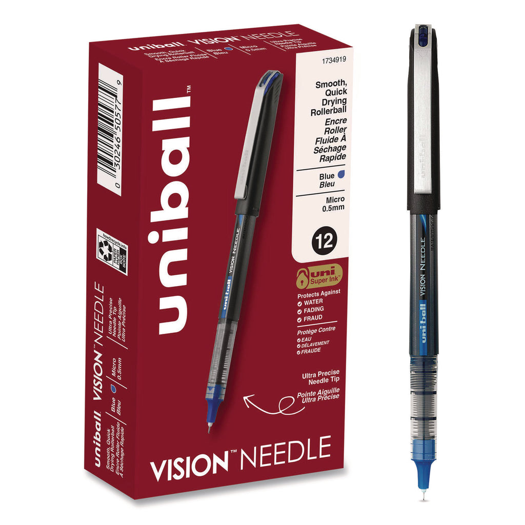VISION Roller Ball Pen, Stick, Extra-Fine 0.5 mm, Blue Ink, Black/Blue/Clear Barrel, 12/Pack