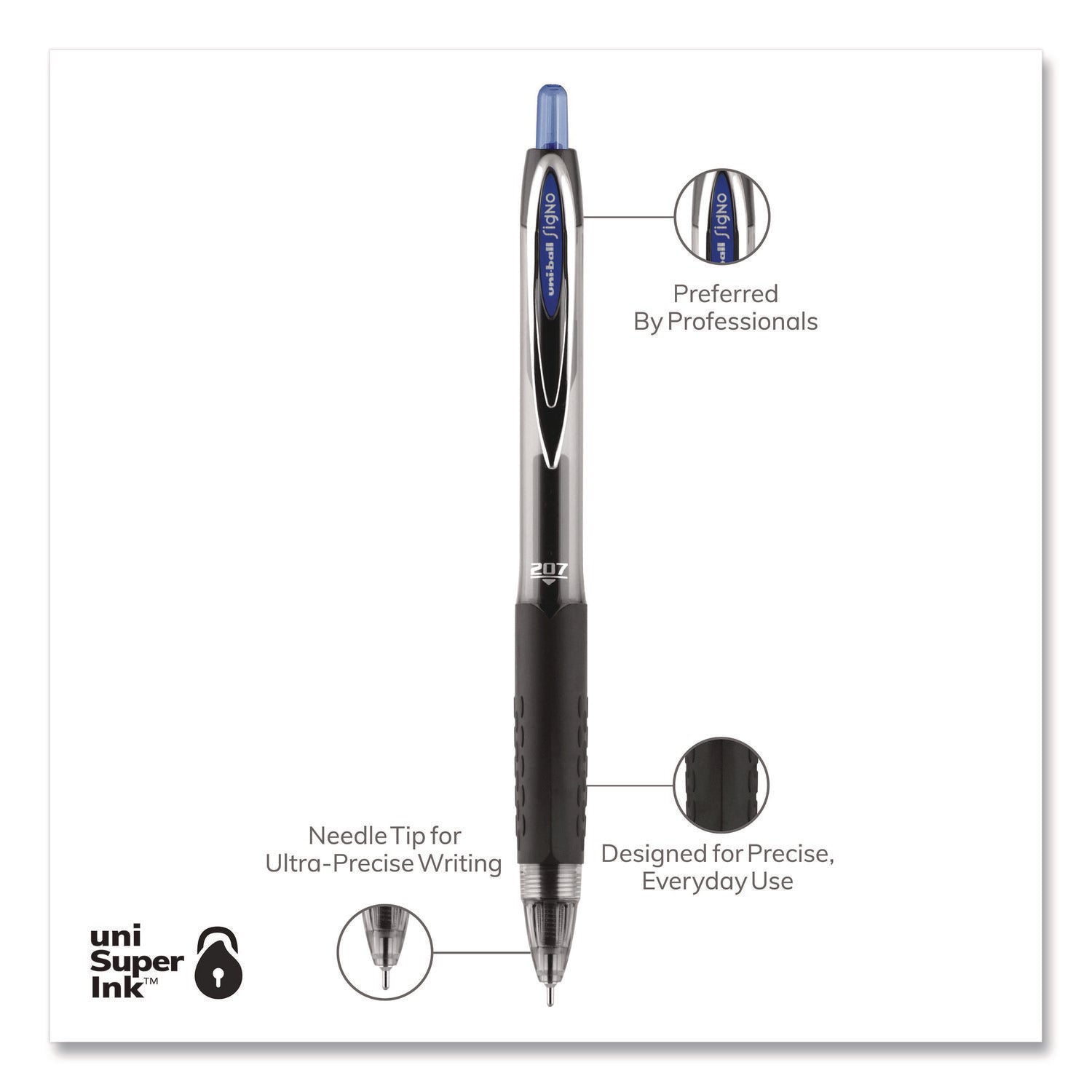 Signo 207 Needle Point Gel Pen, Retractable, Medium 0.7 mm, Blue Ink, Clear/Black/Blue Barrel, Dozen