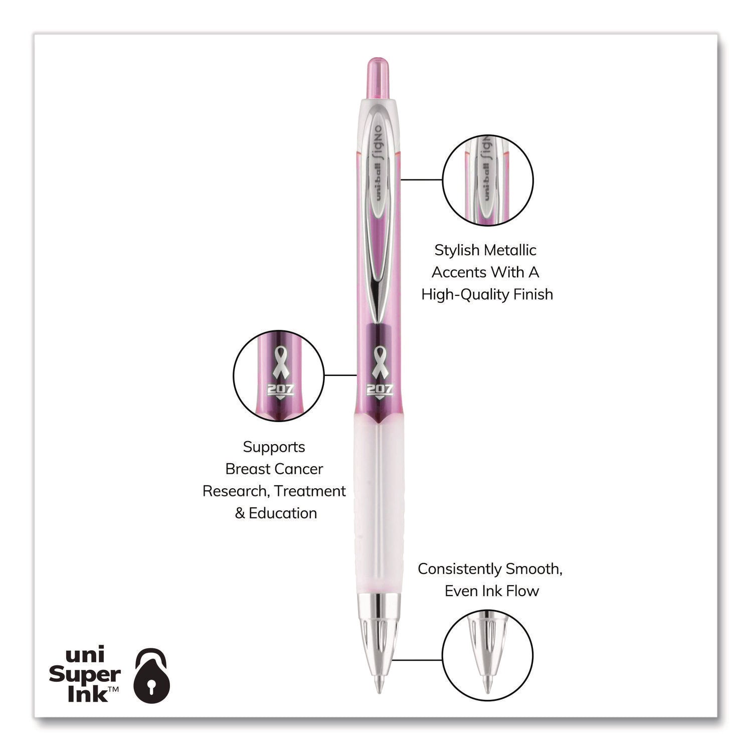 Signo 207 Gel Pen, Retractable, Medium 0.7 mm, Black Ink, Translucent Pink/Translucent White Barrel, 2/Pack