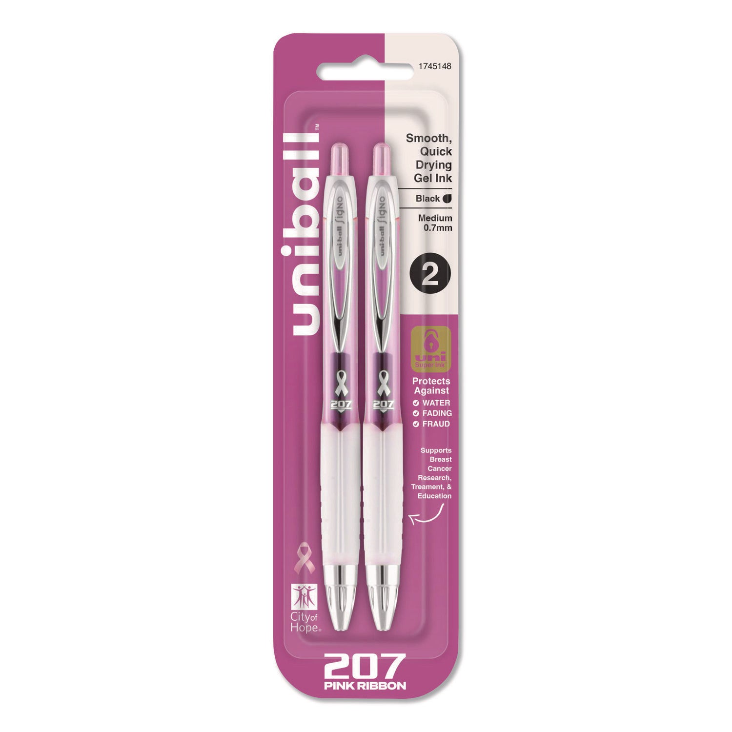 Signo 207 Gel Pen, Retractable, Medium 0.7 mm, Black Ink, Translucent Pink/Translucent White Barrel, 2/Pack