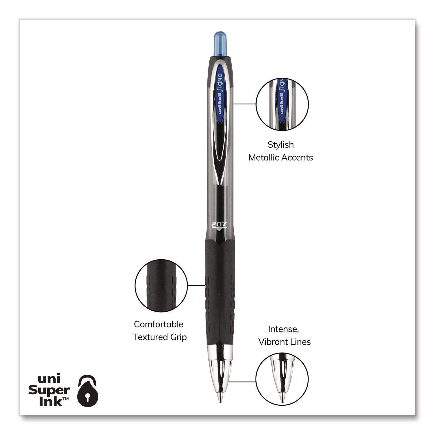 Signo 207 Gel Pen, Retractable, Medium 0.7 mm, Blue Ink, Smoke/Black/Blue Barrel, 36/Box