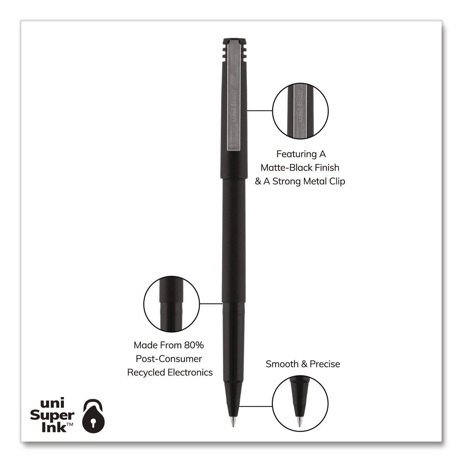 Roller Ball Pen, Stick, Extra-Fine 0.5 mm, Black Ink, Black Barrel, 36/Pack