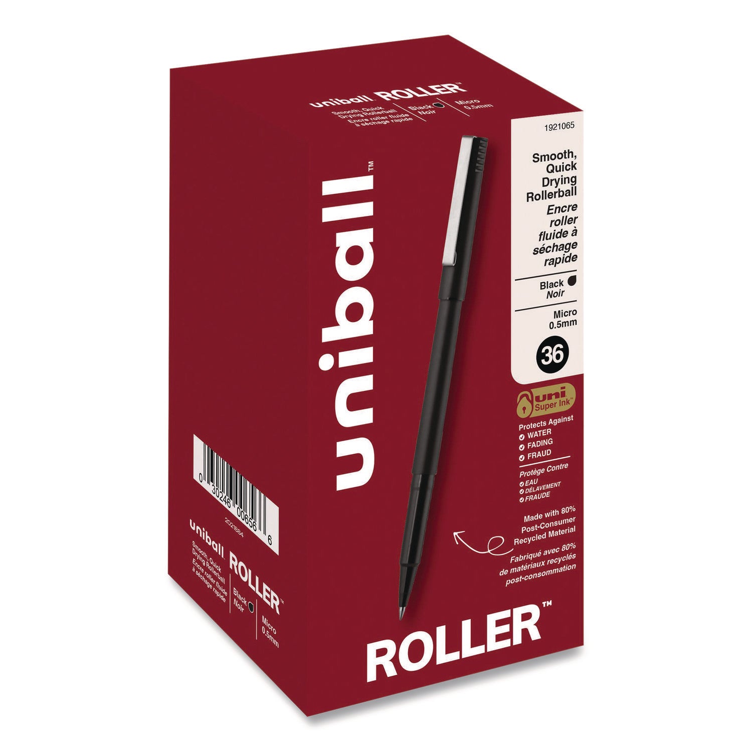 Roller Ball Pen, Stick, Extra-Fine 0.5 mm, Black Ink, Black Barrel, 36/Pack
