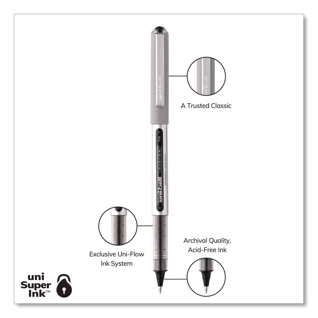 VISION Roller Ball Pen, Stick, Fine 0.7 mm, Black Ink, Silver/Black/Clear Barrel, 36/Pack