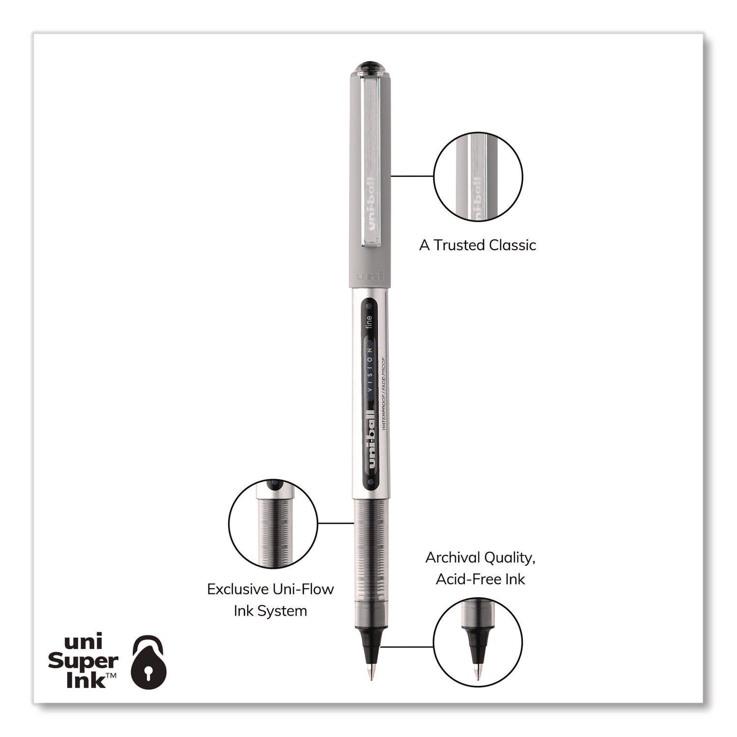 VISION Roller Ball Pen, Stick, Fine 0.7 mm, Black Ink, Silver/Black/Clear Barrel, 36/Pack