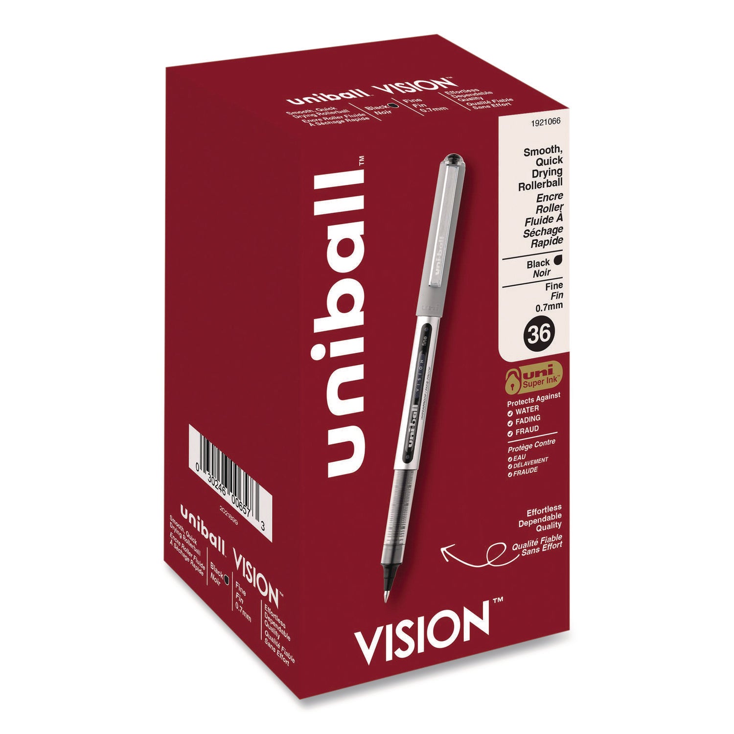 VISION Roller Ball Pen, Stick, Fine 0.7 mm, Black Ink, Silver/Black/Clear Barrel, 36/Pack