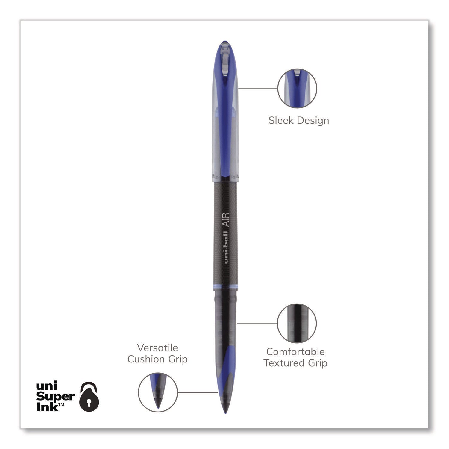 AIR Porous Roller Ball Pen, Stick, Medium 0.7 mm, Blue Ink, Black/Blue Barrel, Dozen