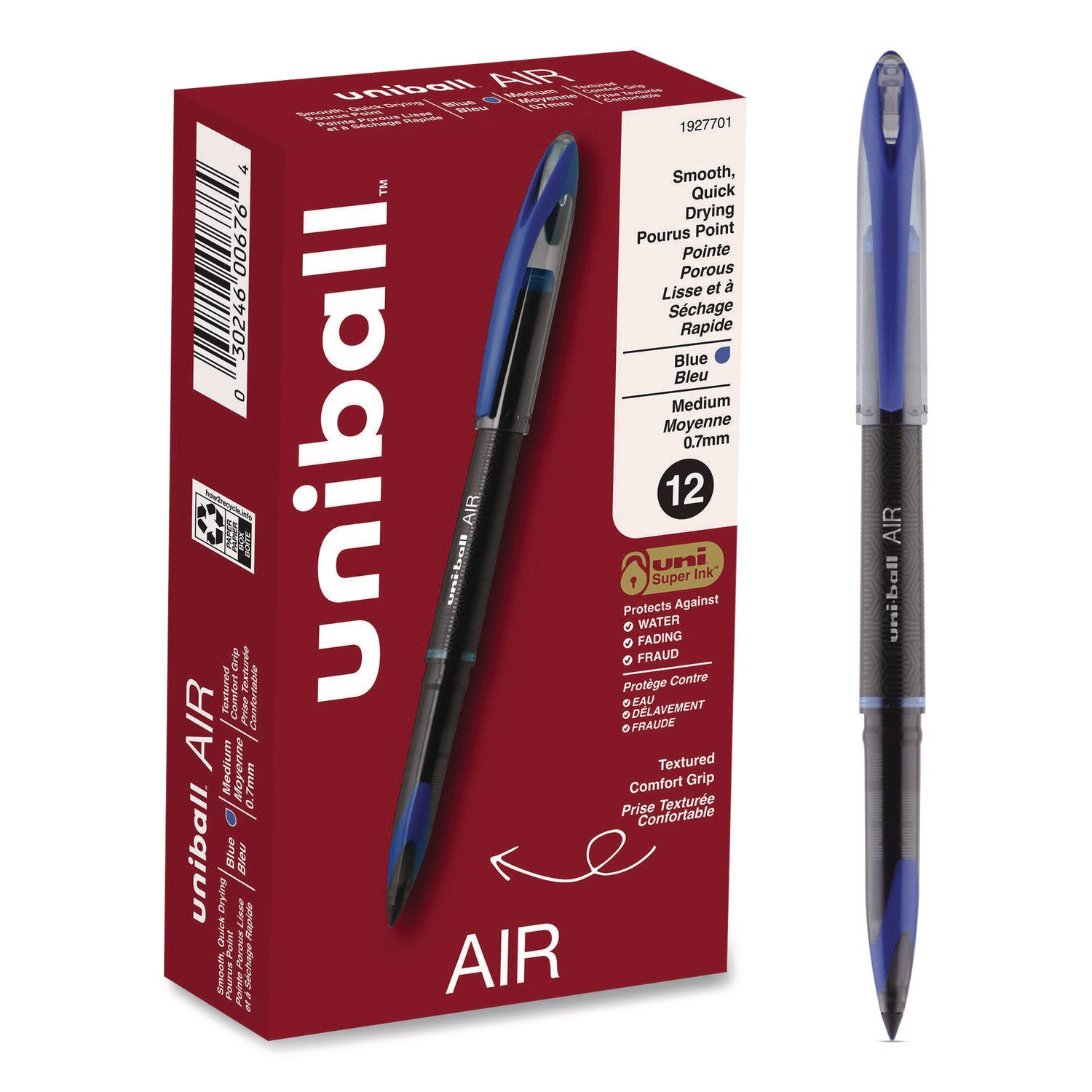 AIR Porous Roller Ball Pen, Stick, Medium 0.7 mm, Blue Ink, Black/Blue Barrel, Dozen