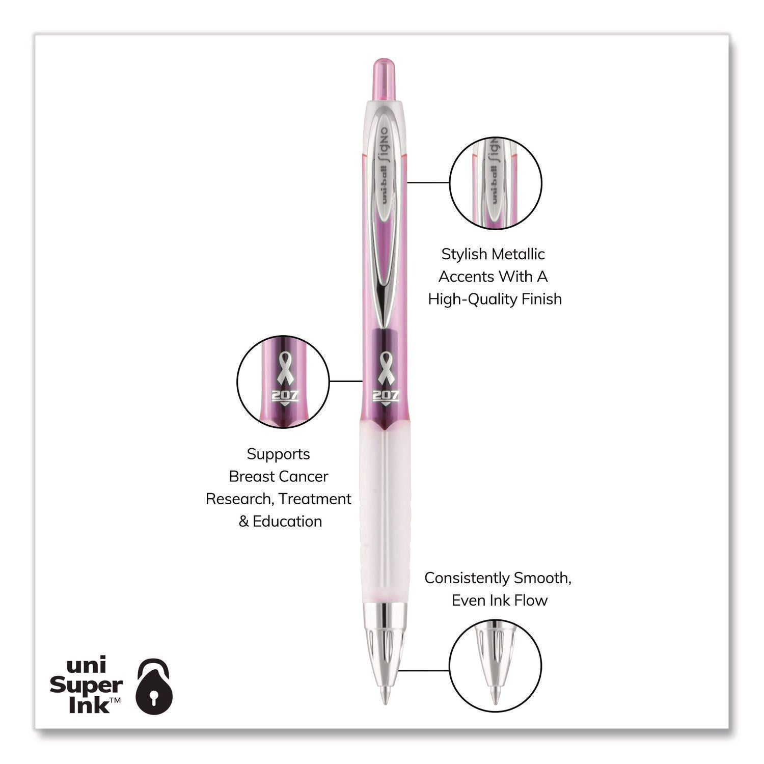 207 Office Pack Gel Pen, Retractable, Medium 0.7 mm, Black Ink, Pink/Translucent White Barrel, 36/Pack