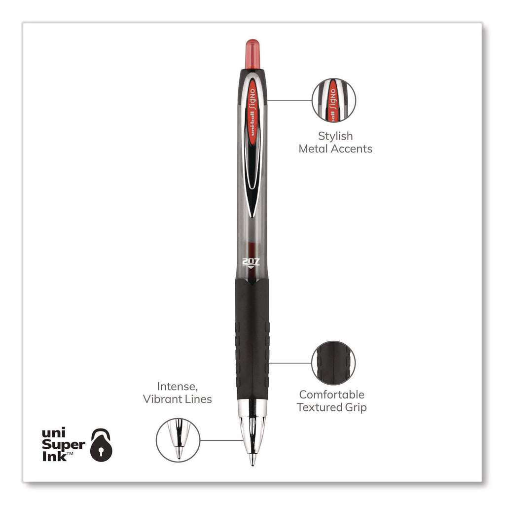Signo 207 Gel Pen, Retractable, Medium 0.7 mm, Red Ink, Smoke/Black/Red Barrel, Dozen