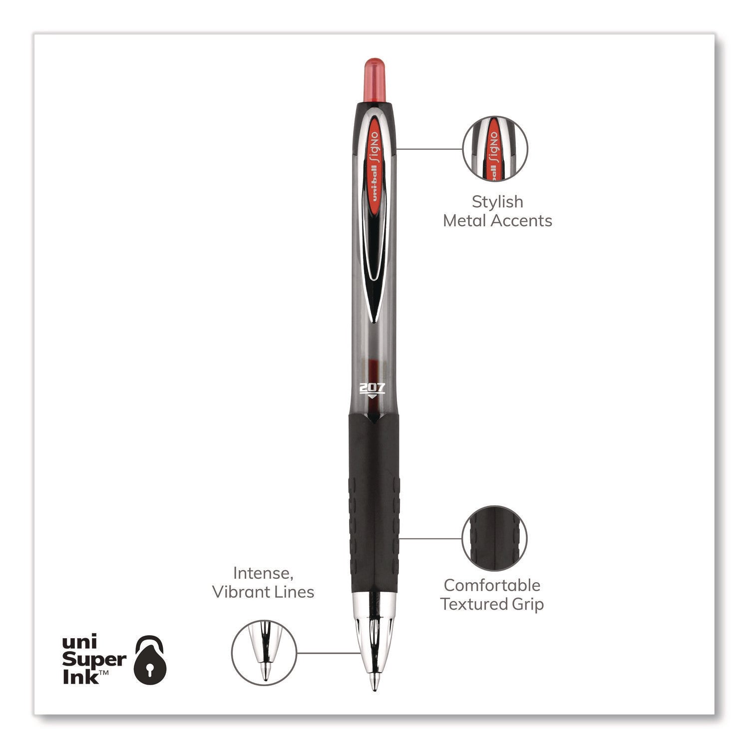 Signo 207 Gel Pen, Retractable, Medium 0.7 mm, Red Ink, Smoke/Black/Red Barrel, Dozen