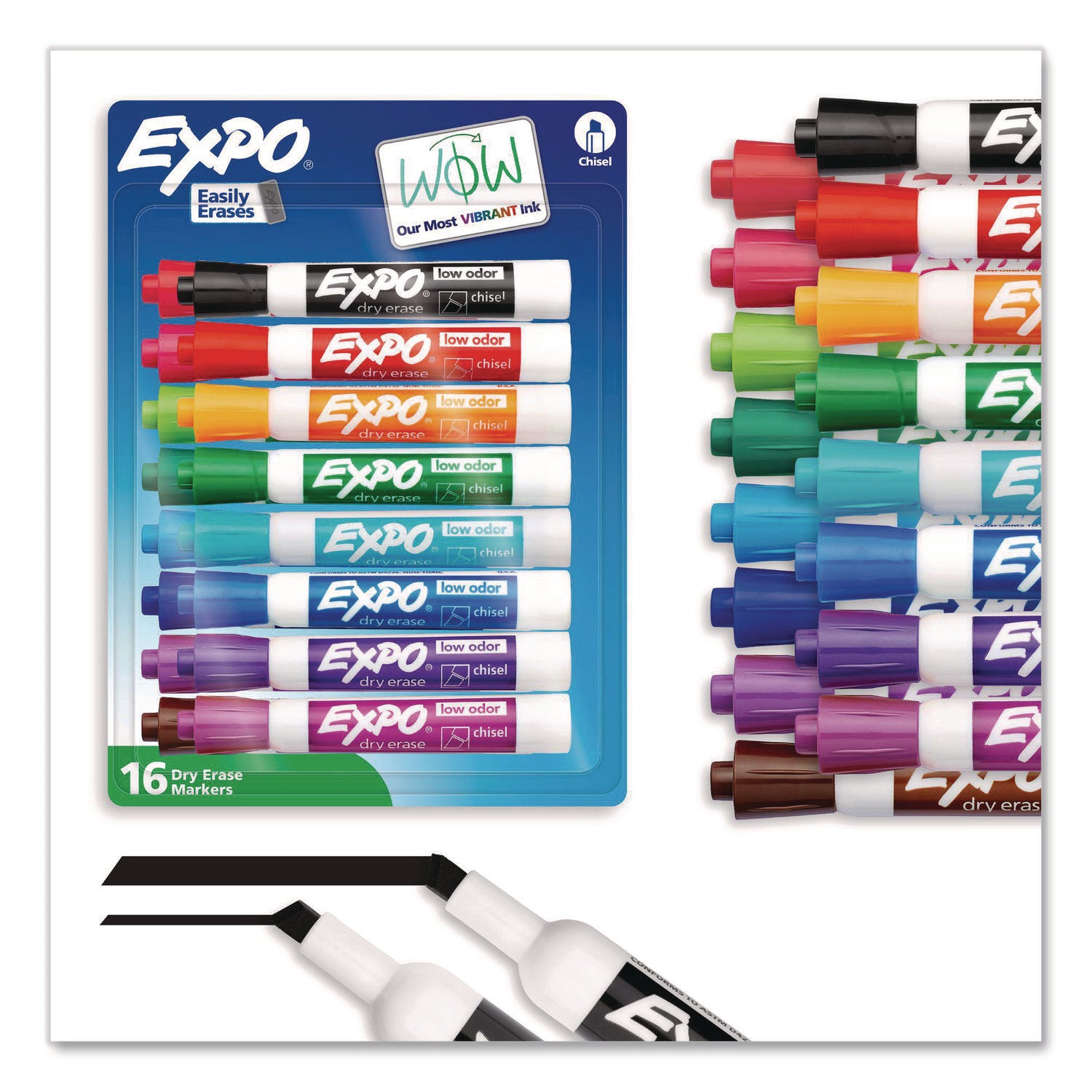 Low Odor Dry Erase Vibrant Color Markers, Broad Chisel Tip, Assorted Colors, 16/Set