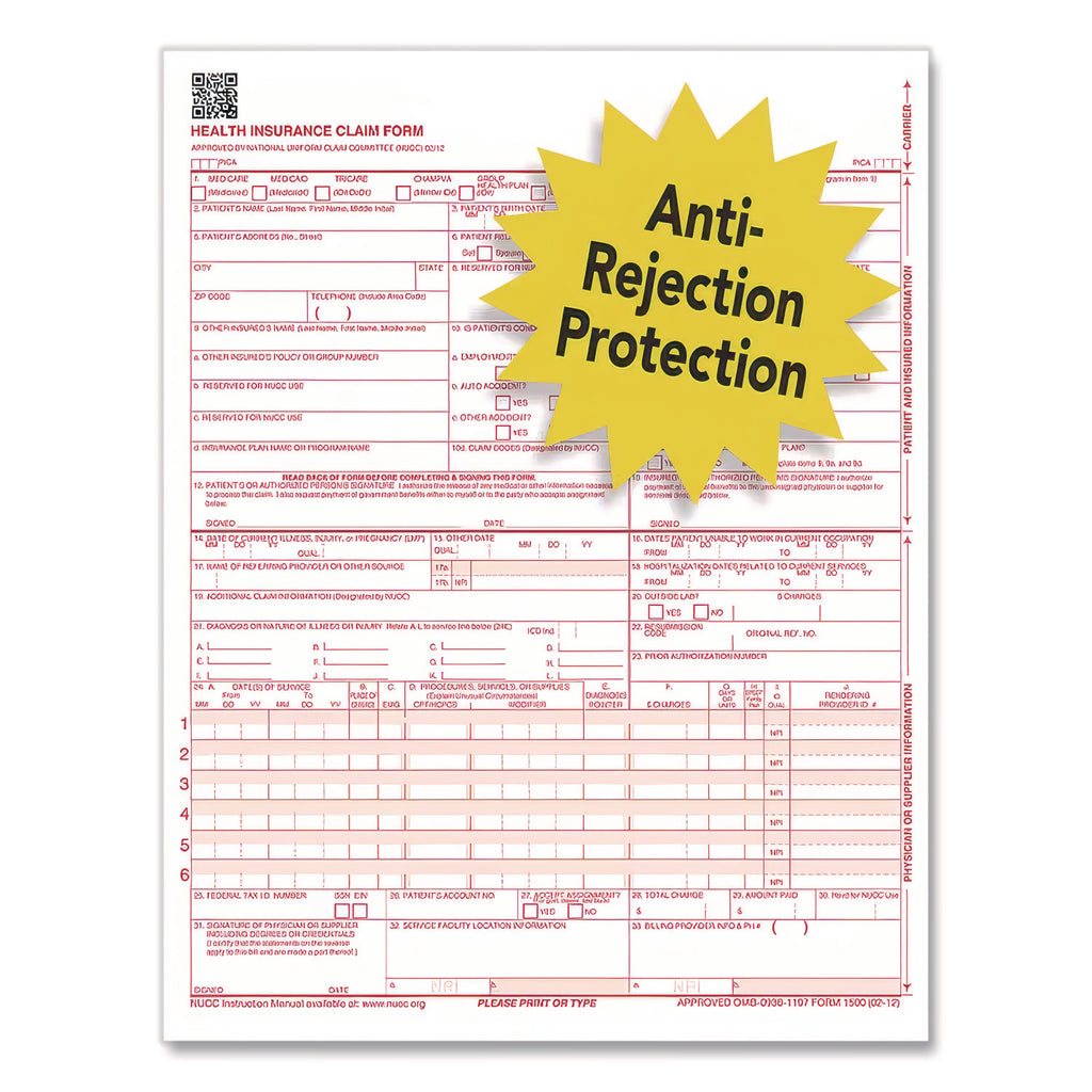 CMS-1500 Health Insurance Claim Form, One-Part (No Copies), 8.5 x 11, 250 Forms Total