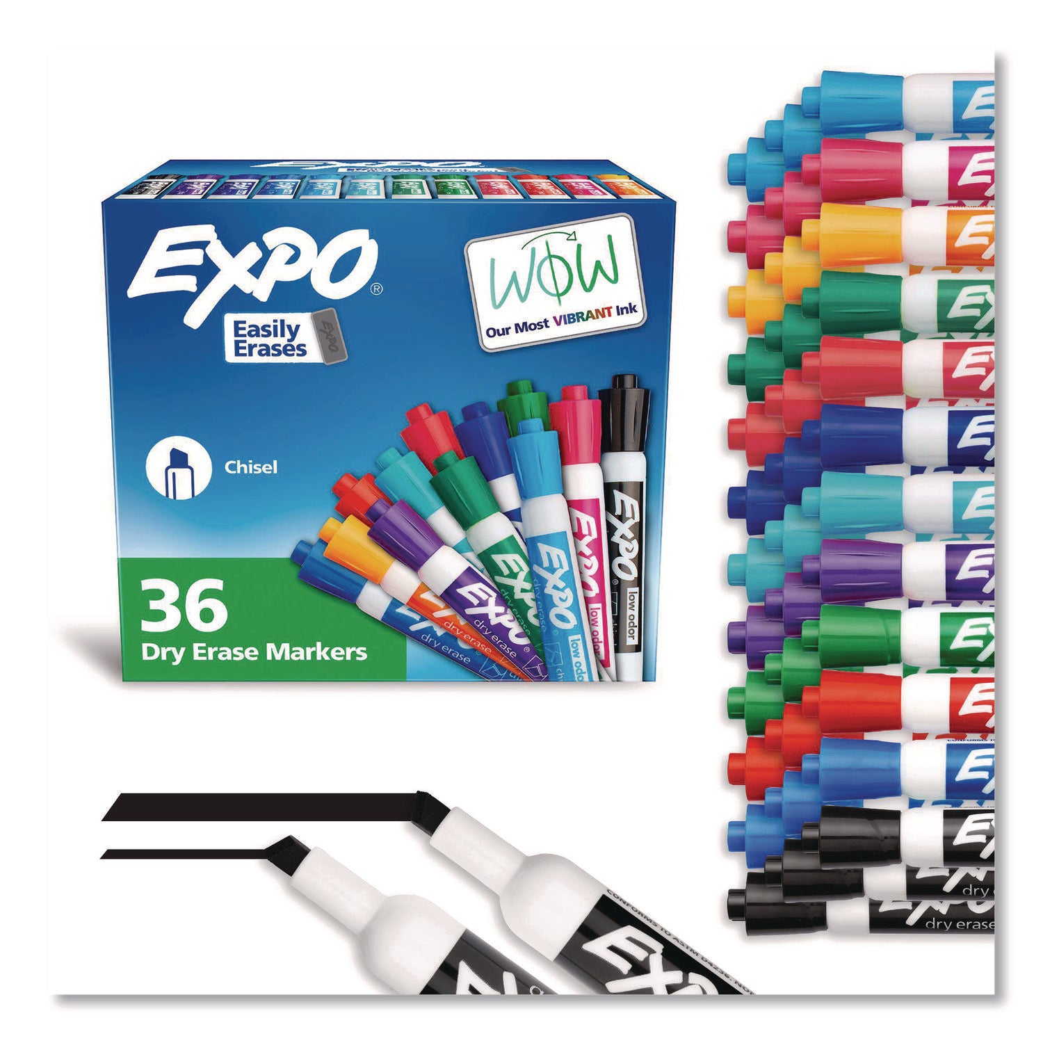 Low Odor Dry Erase Vibrant Color Markers, Broad Chisel Tip, Assorted Colors, 36/Pack
