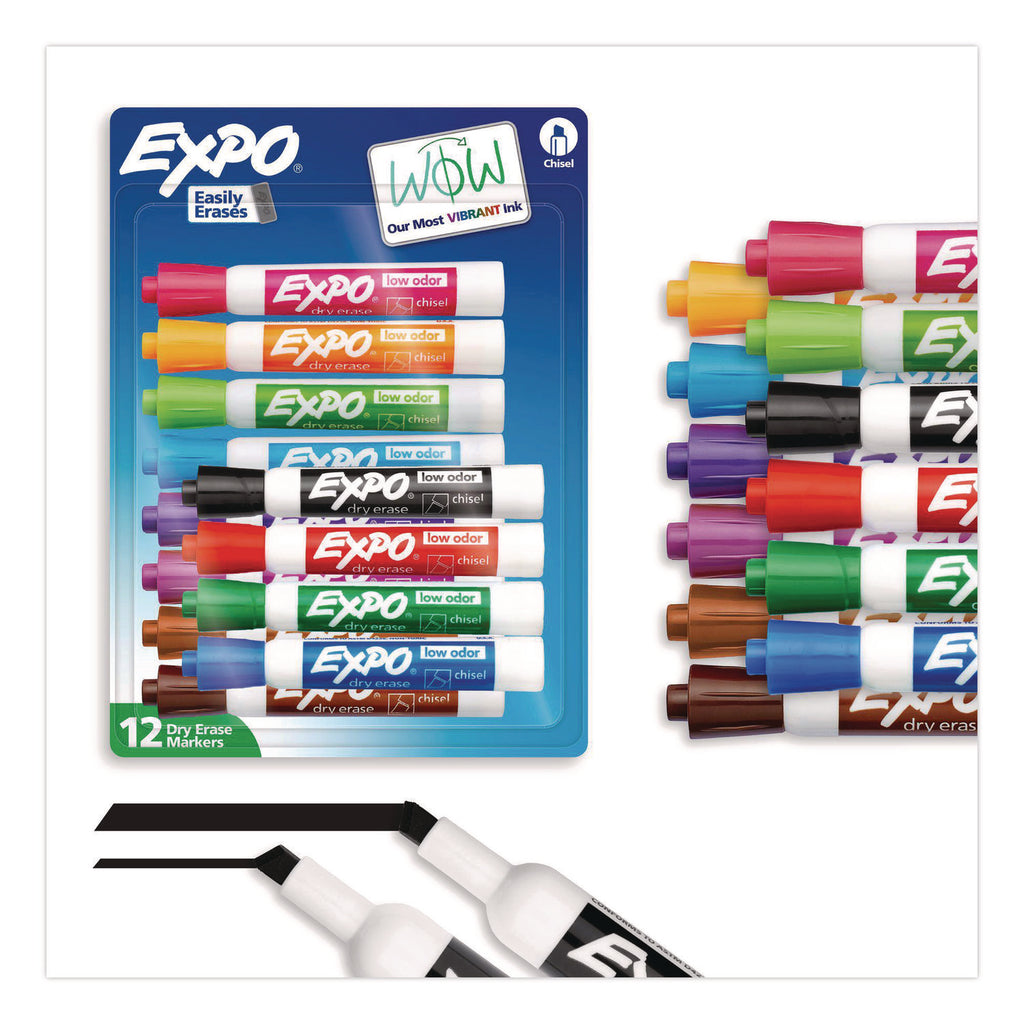 Low-Odor Dry-Erase Marker, Broad Chisel Tip, Assorted Colors, 12/Set
