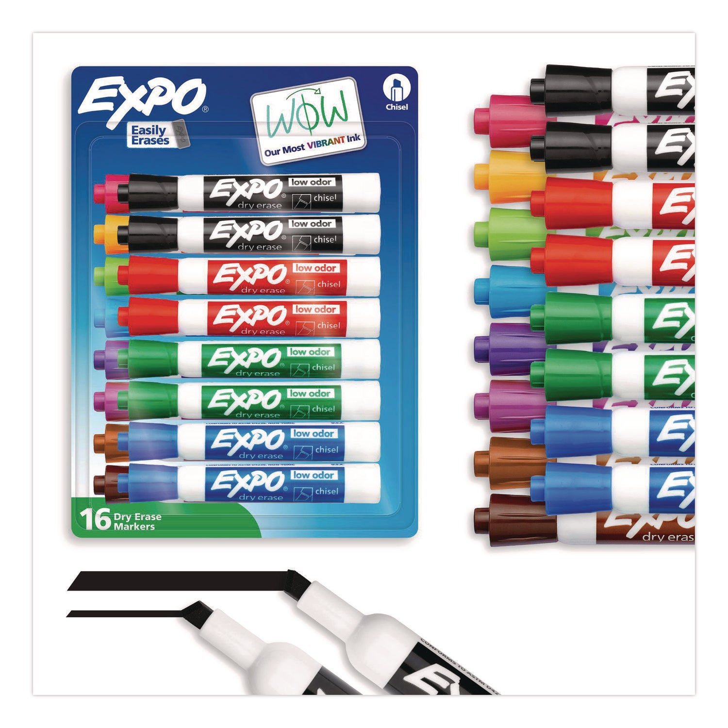 Low-Odor Dry-Erase Marker, Broad Chisel Tip, Assorted Colors, 16/Set
