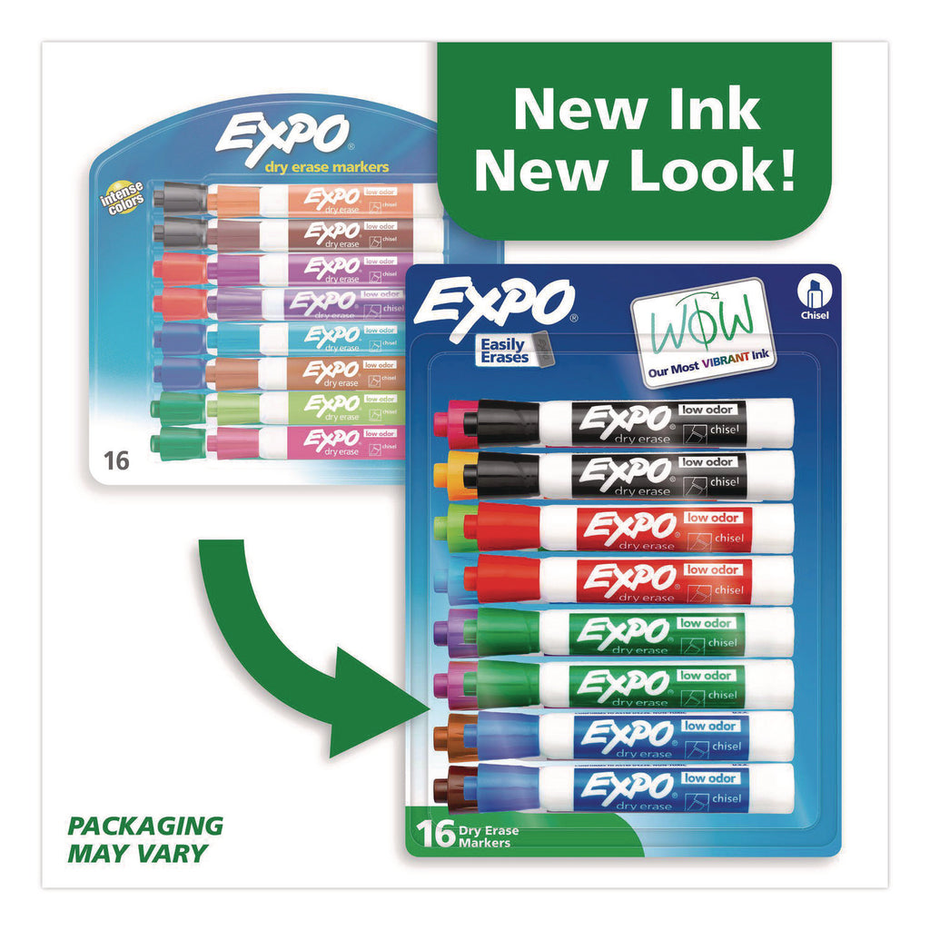 Low-Odor Dry-Erase Marker, Broad Chisel Tip, Assorted Colors, 16/Set
