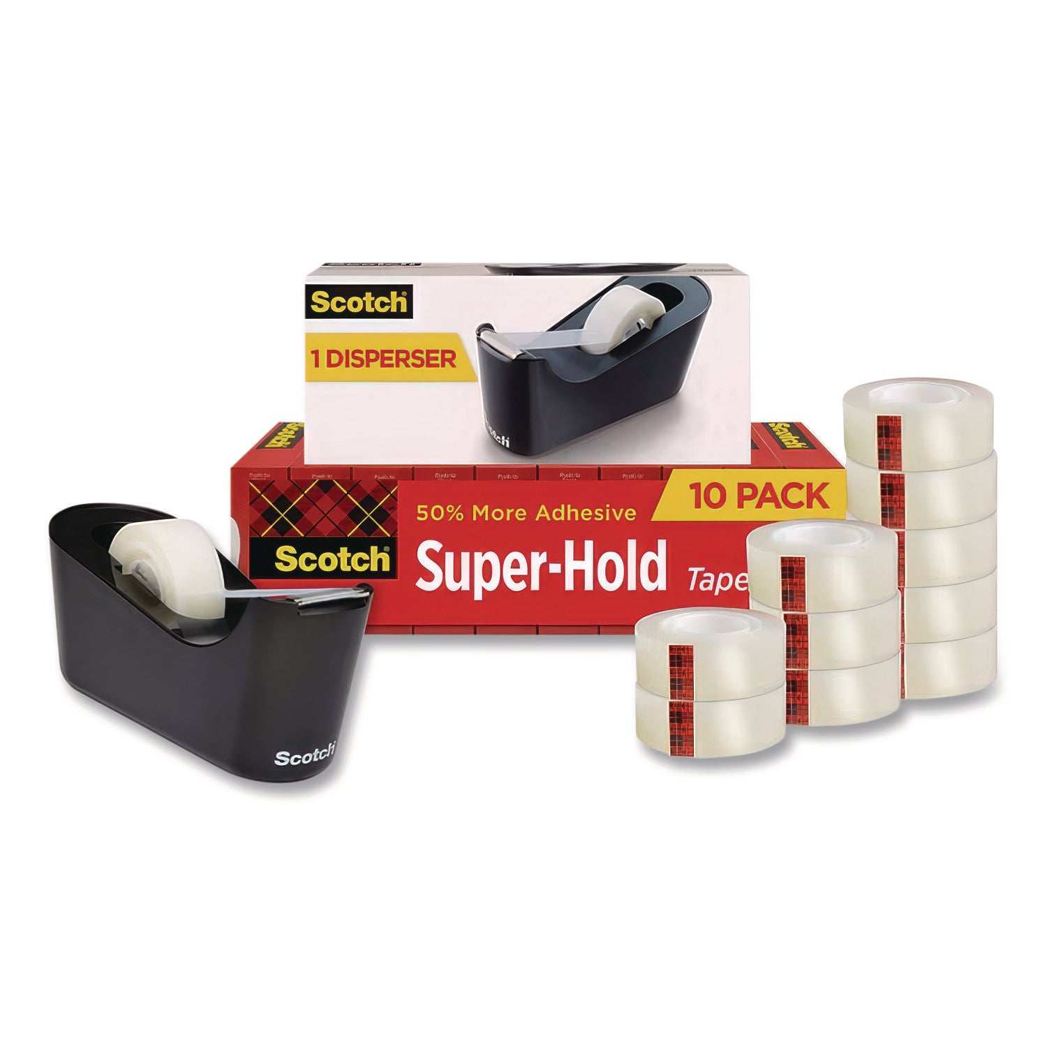 Super-Hold Tape with Dispenser, 1" Core, 0.75" x 27.77 yds, Clear, 10 Rolls and 1 Dispenser/Pack