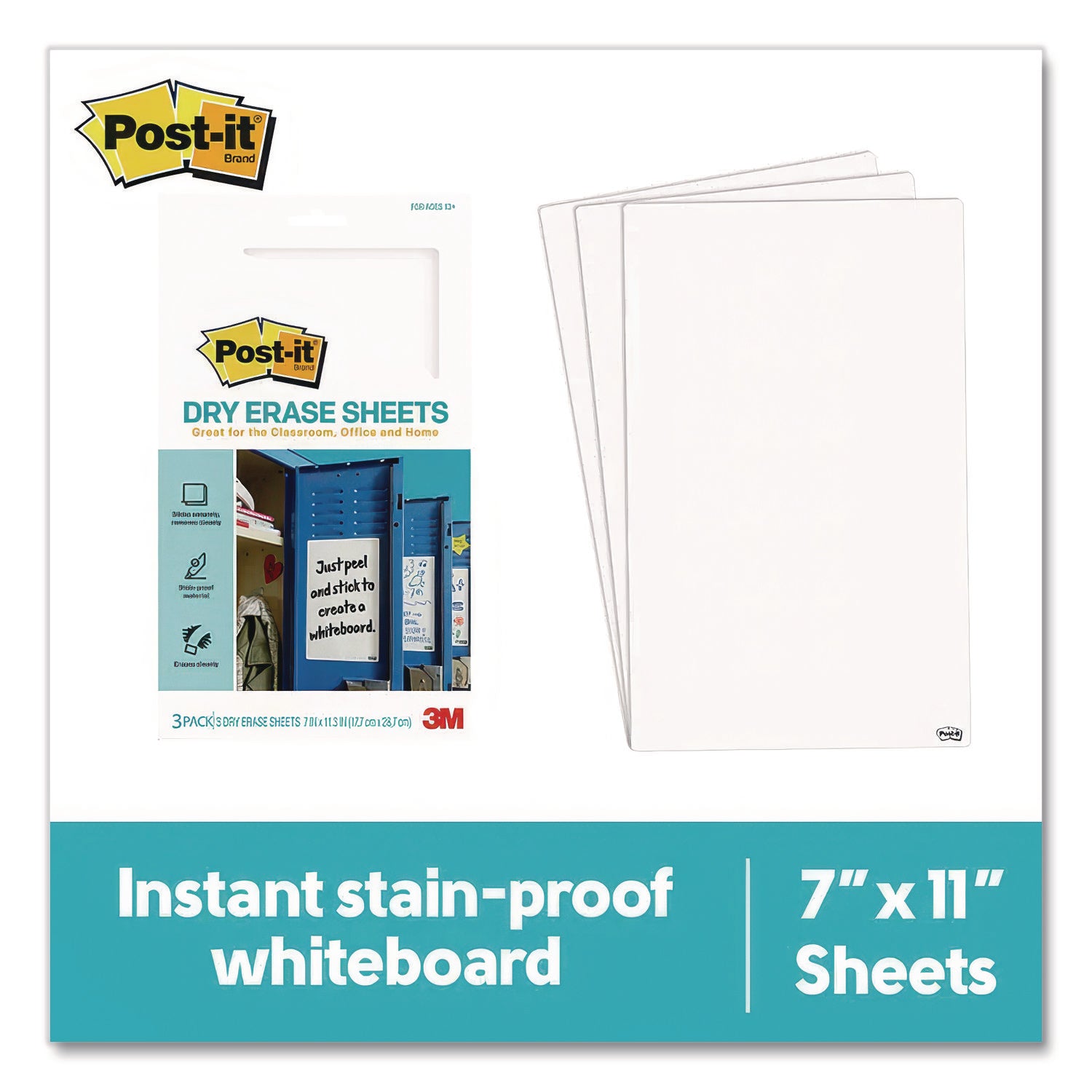 Dry Erase Sheets, 7 x 11.3, White Surface, 3/Pack
