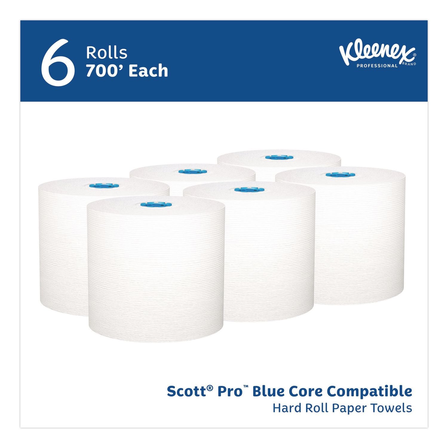 Hard Roll Paper Towels with Premium Absorbency Pockets with Colored Core, Blue Core, 1-Ply, 7.5" x 700 ft, White, 6 Rolls/CT