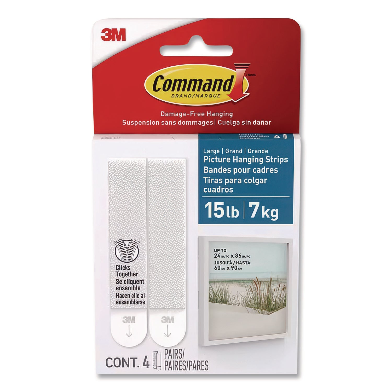 Bath Picture Hanging Strips, Large, Removable, Holds Up to 4 lbs per Pair, 0.75 x 3.65, White, 4 Pairs/Pack