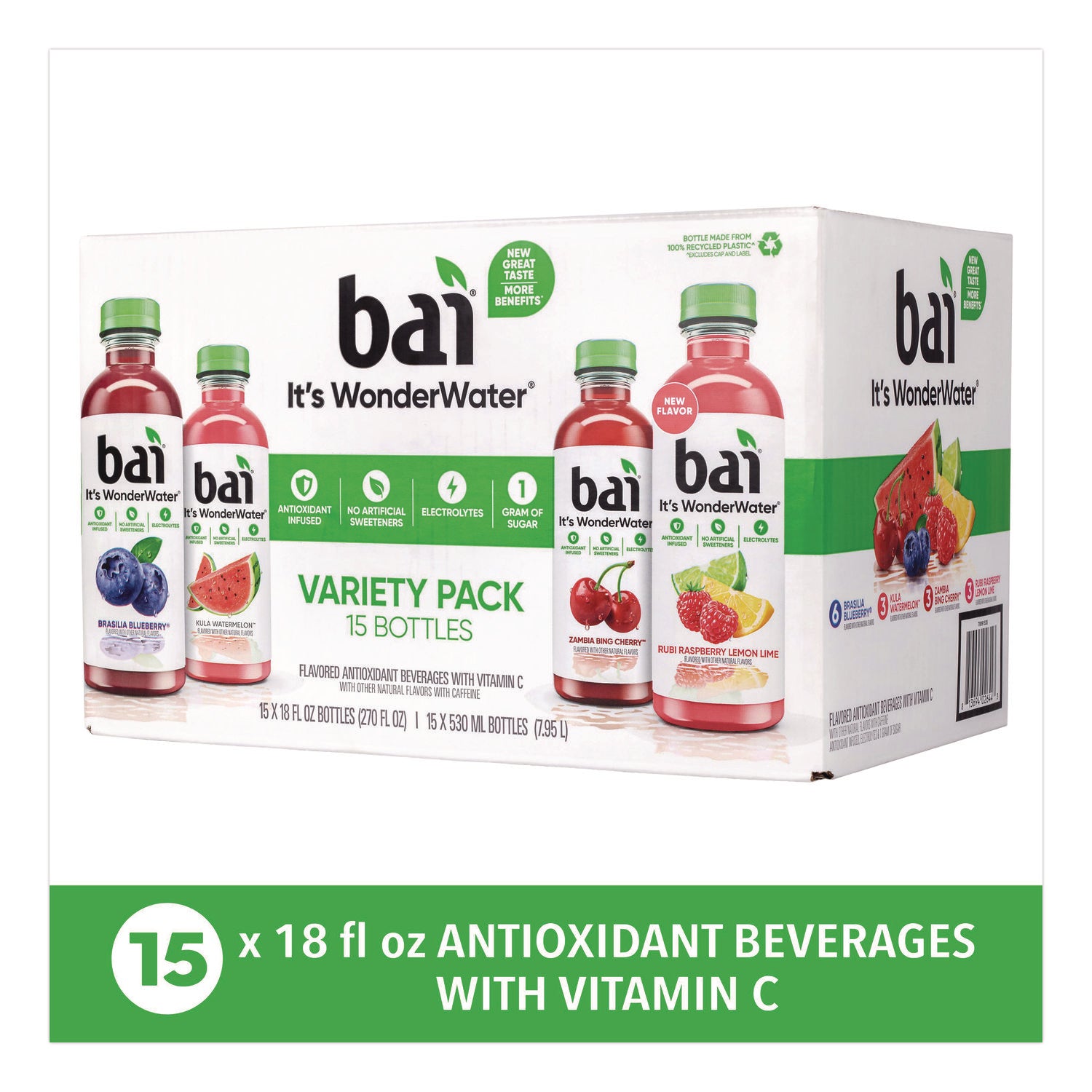 Antioxidant Infused Beverage, Variety Pack, 18 oz Bottle, 15/Carton, Ships in 1-3 Business Days