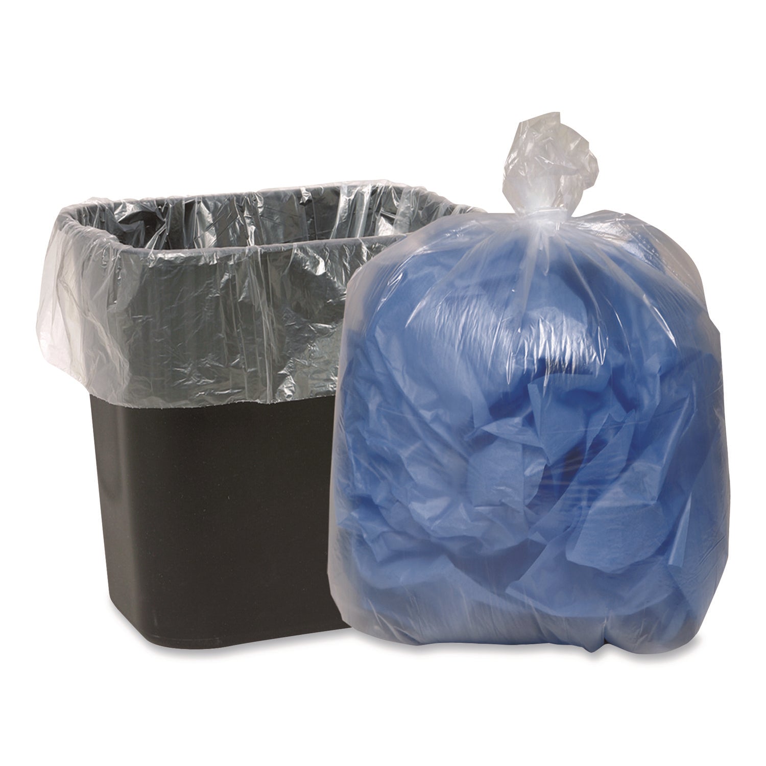 Linear Low Density Clear Recycled Can Liners, 33 gal, 1.25 mil, 33" x 39", Clear, 10 Bags/Roll, 10 Rolls/Carton