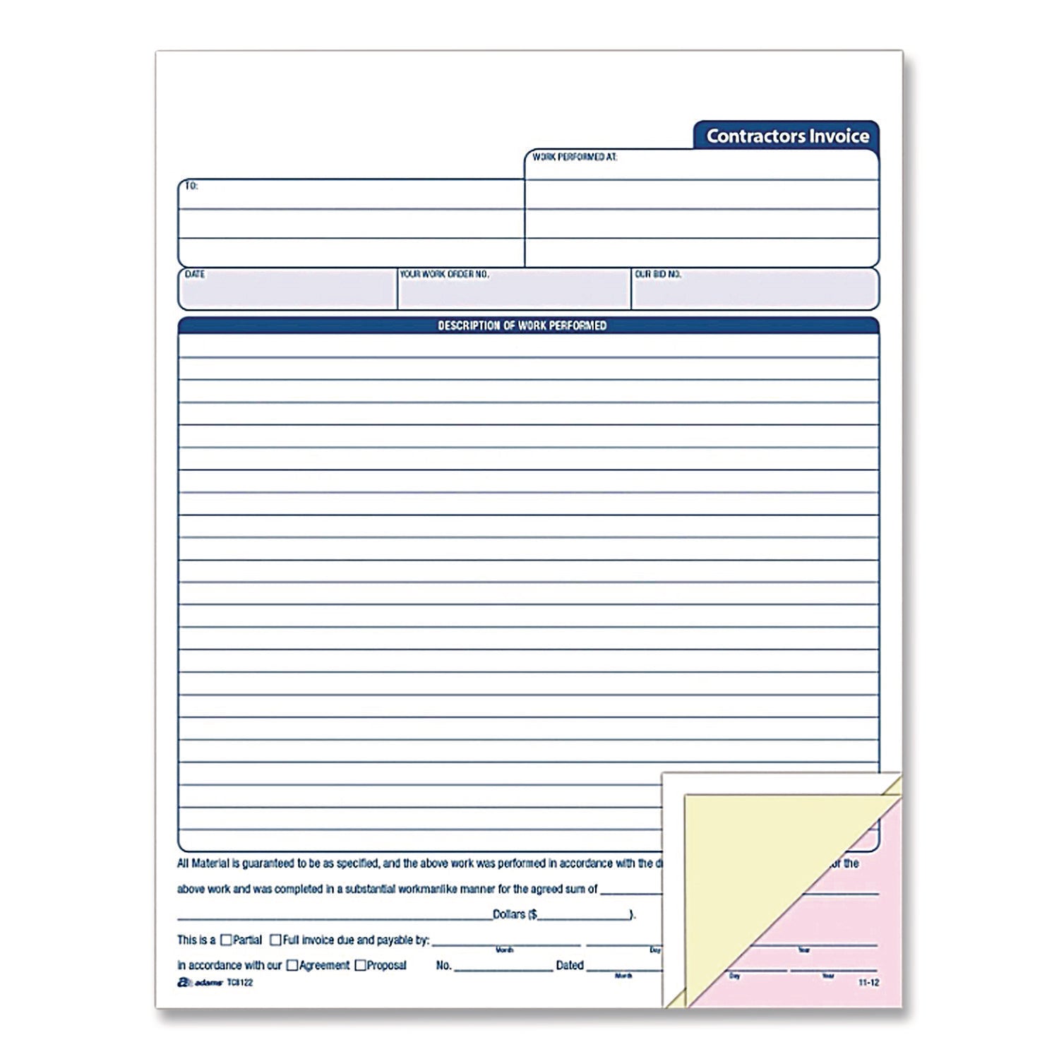 Adams Contractor's Invoice Book - 50 Sheet(s) - 3 PartCarbonless Copy - 8.37" x 11" Sheet Size - White - 1 Each