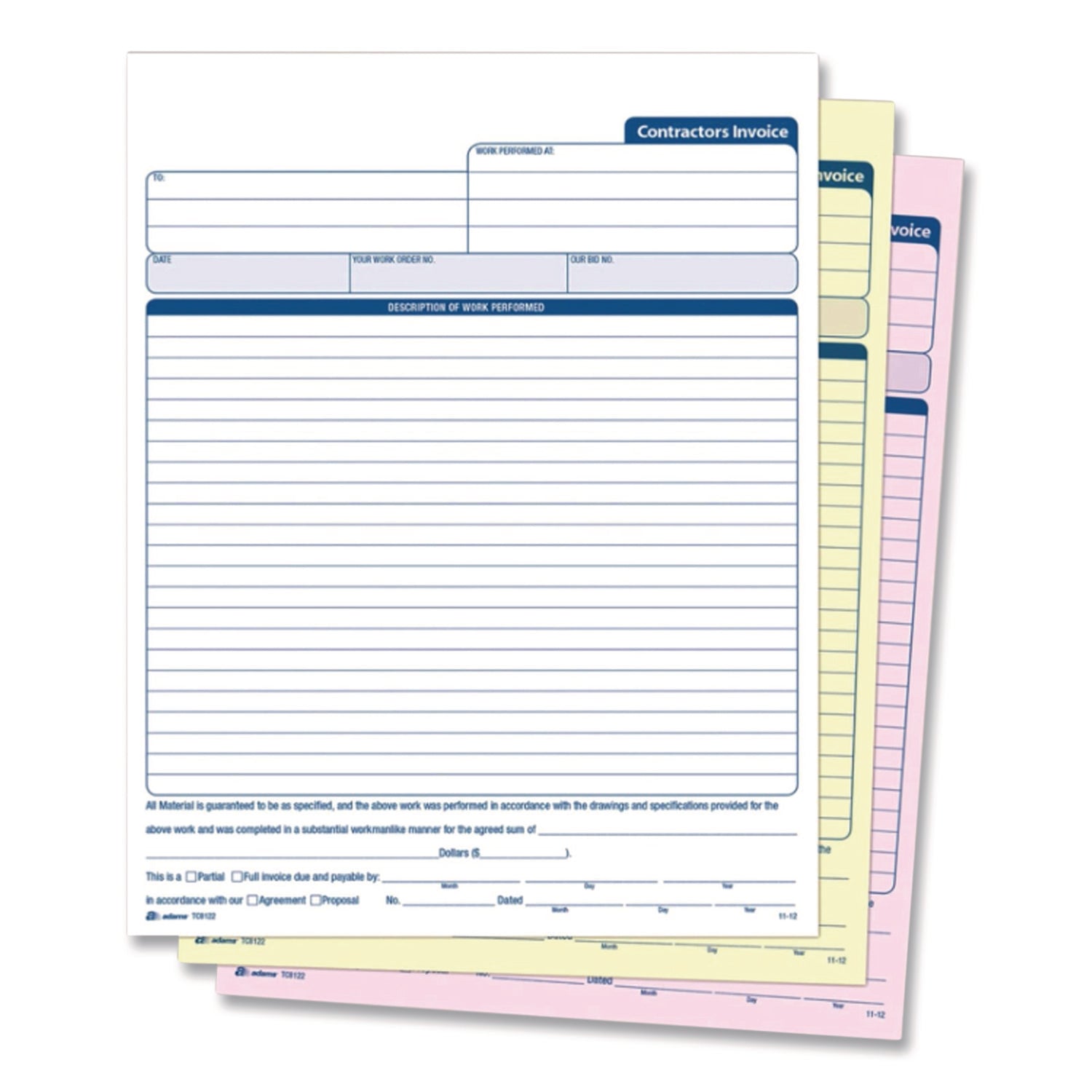 Adams Contractor's Invoice Book - 50 Sheet(s) - 3 PartCarbonless Copy - 8.37" x 11" Sheet Size - White - 1 Each