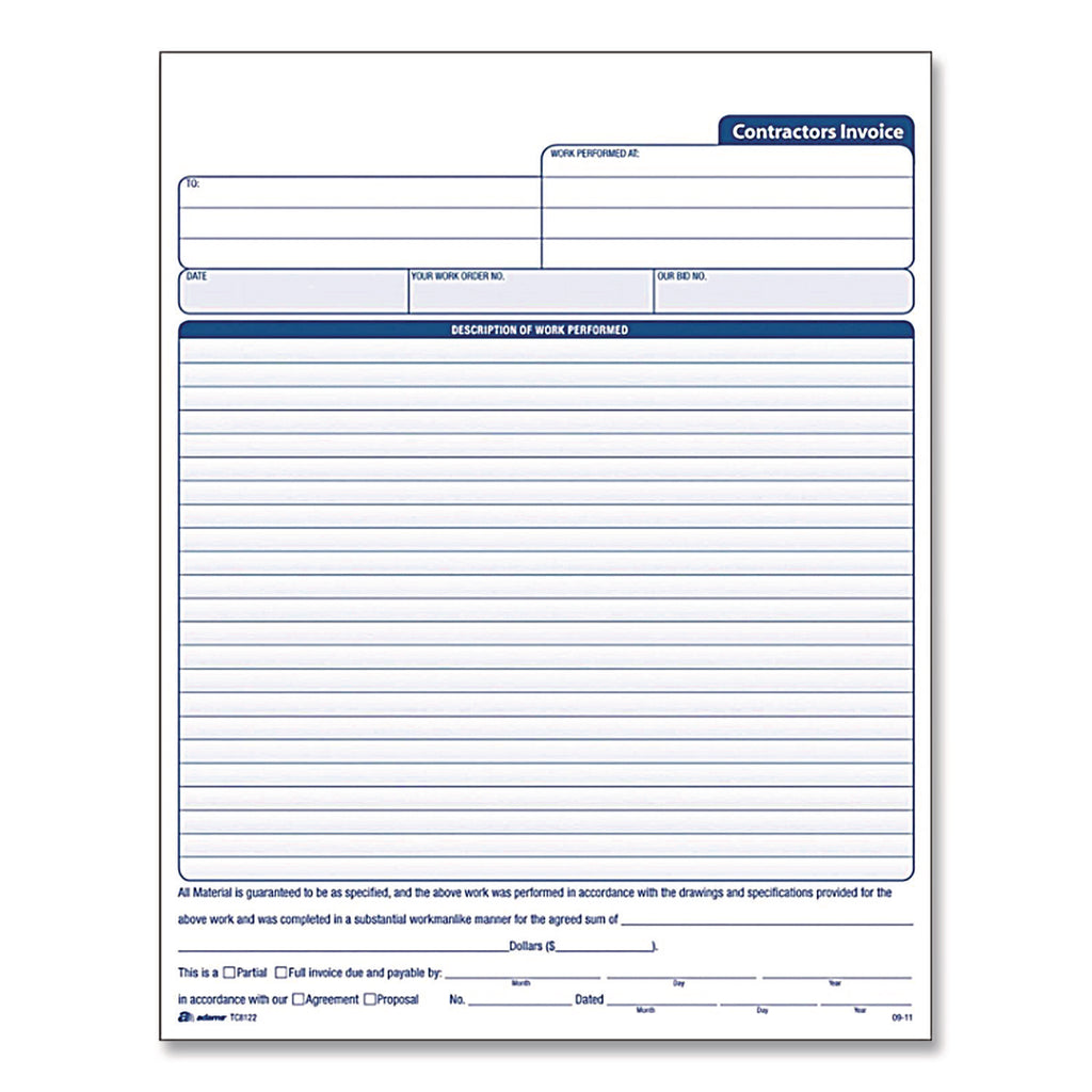 Adams Contractor's Invoice Book - 50 Sheet(s) - 3 PartCarbonless Copy - 8.37" x 11" Sheet Size - White - 1 Each