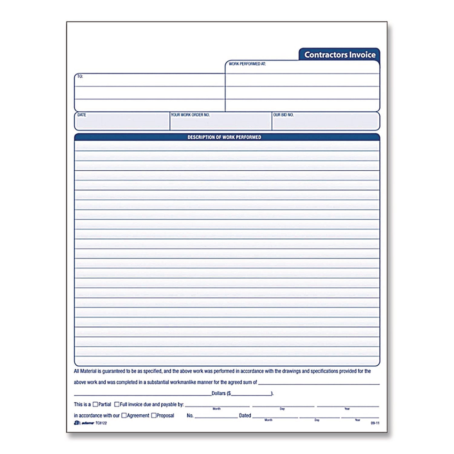Adams Contractor's Invoice Book - 50 Sheet(s) - 3 PartCarbonless Copy - 8.37" x 11" Sheet Size - White - 1 Each
