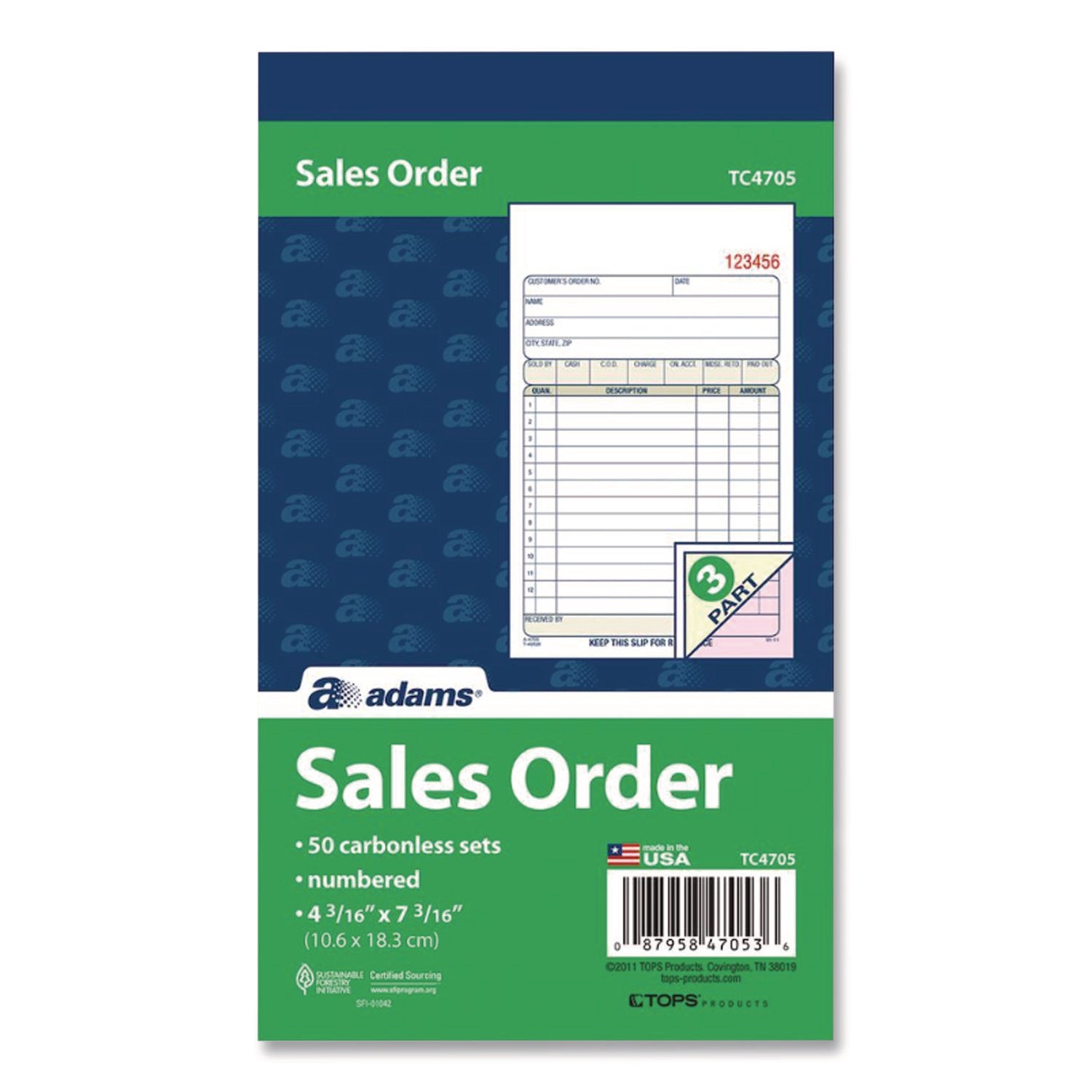 3-Part Sales Book, 12 Lines, Three-Part Carbonless, 4.19 x 7.19, 50 Forms/Pad, 10 Pads/Carton