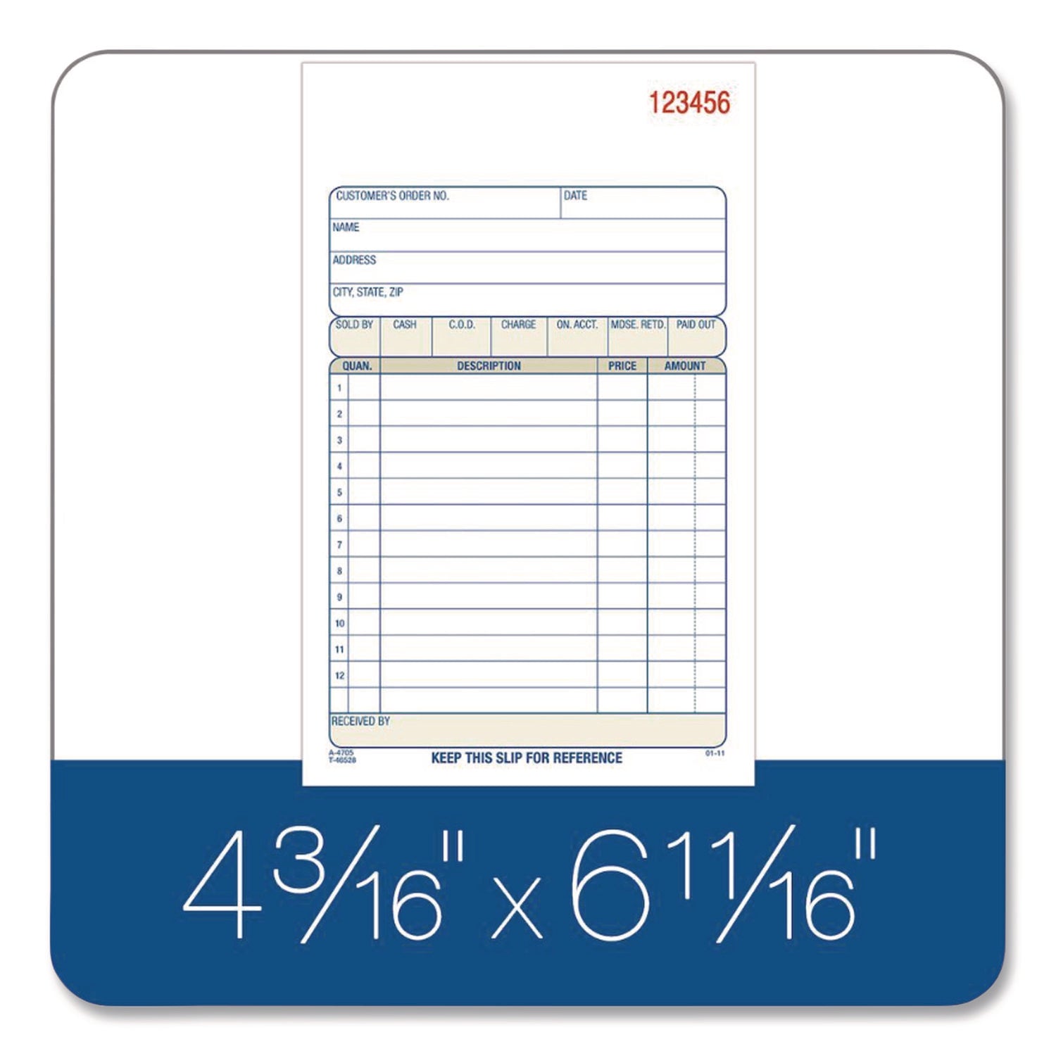 3-Part Sales Book, 12 Lines, Three-Part Carbonless, 4.19 x 7.19, 50 Forms/Pad, 10 Pads/Carton