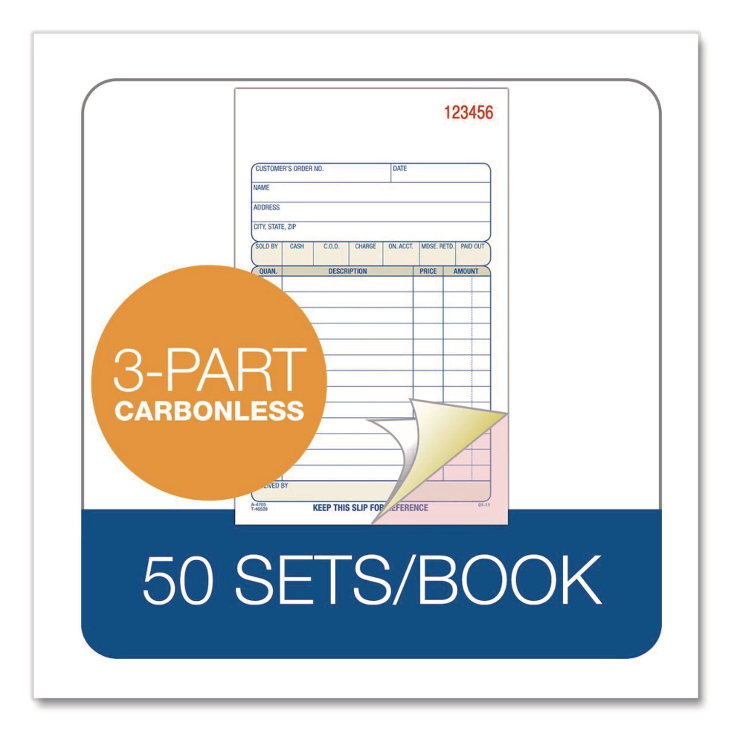 3-Part Sales Book, 12 Lines, Three-Part Carbonless, 4.19 x 7.19, 50 Forms/Pad, 10 Pads/Carton