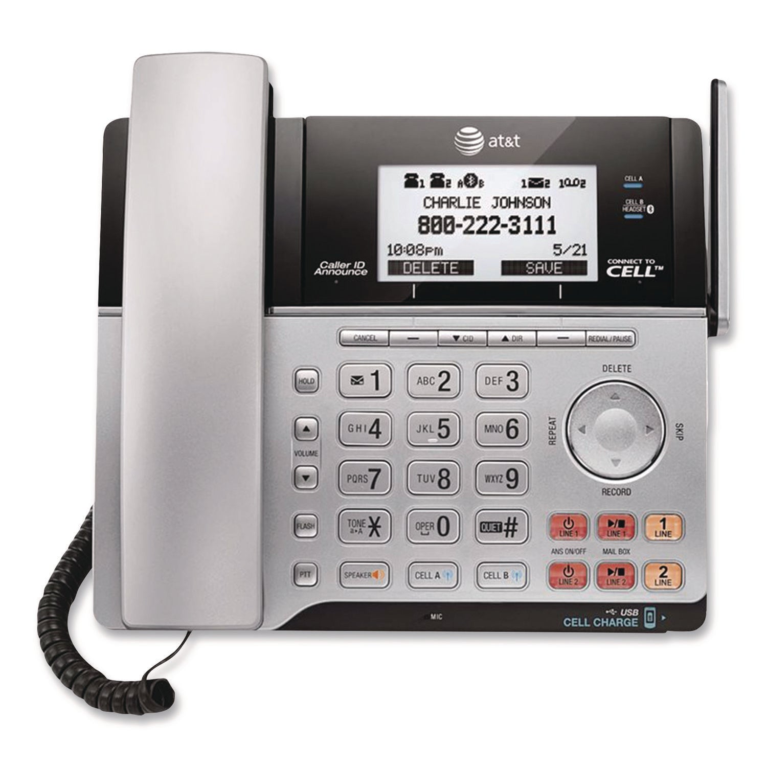 Connect to Cell TL86103 Two-Line Corded/Cordless Phone, Corded Base Station and 1 Additional Handset, Black/Silver