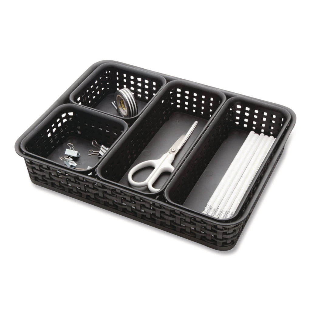 Plastic Weave Basket Bins, Assorted Sizes, Black, 10/Pack
