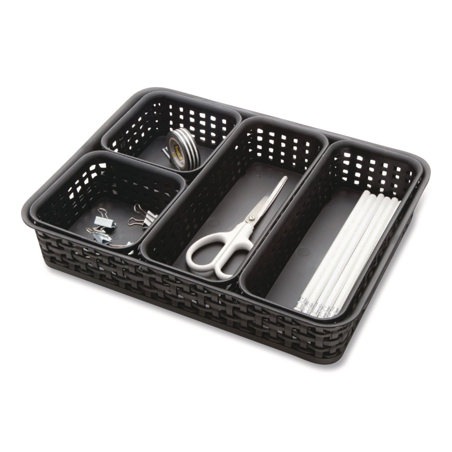 Plastic Weave Basket Bins, Assorted Sizes, Black, 10/Pack