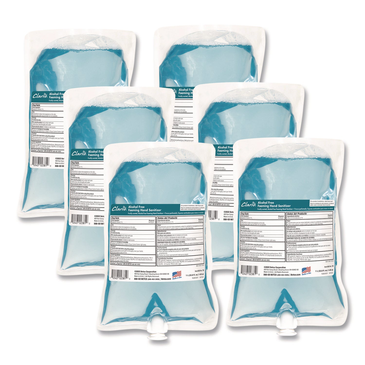 Clario Alcohol Free Foaming Hand Sanitizer, 1,000 mL Bag, Fresh, 6/Carton