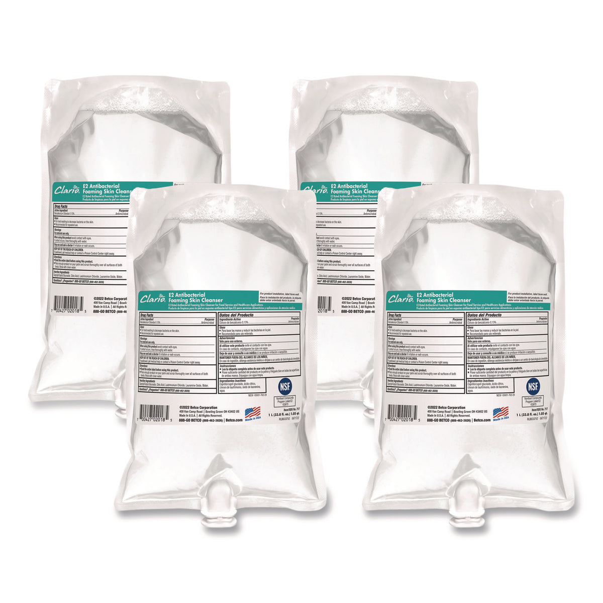 E2 Antibacterial Foaming Skin Cleanser, Fragrance Free, 1,000 mL Refill Bag, 6/Carton