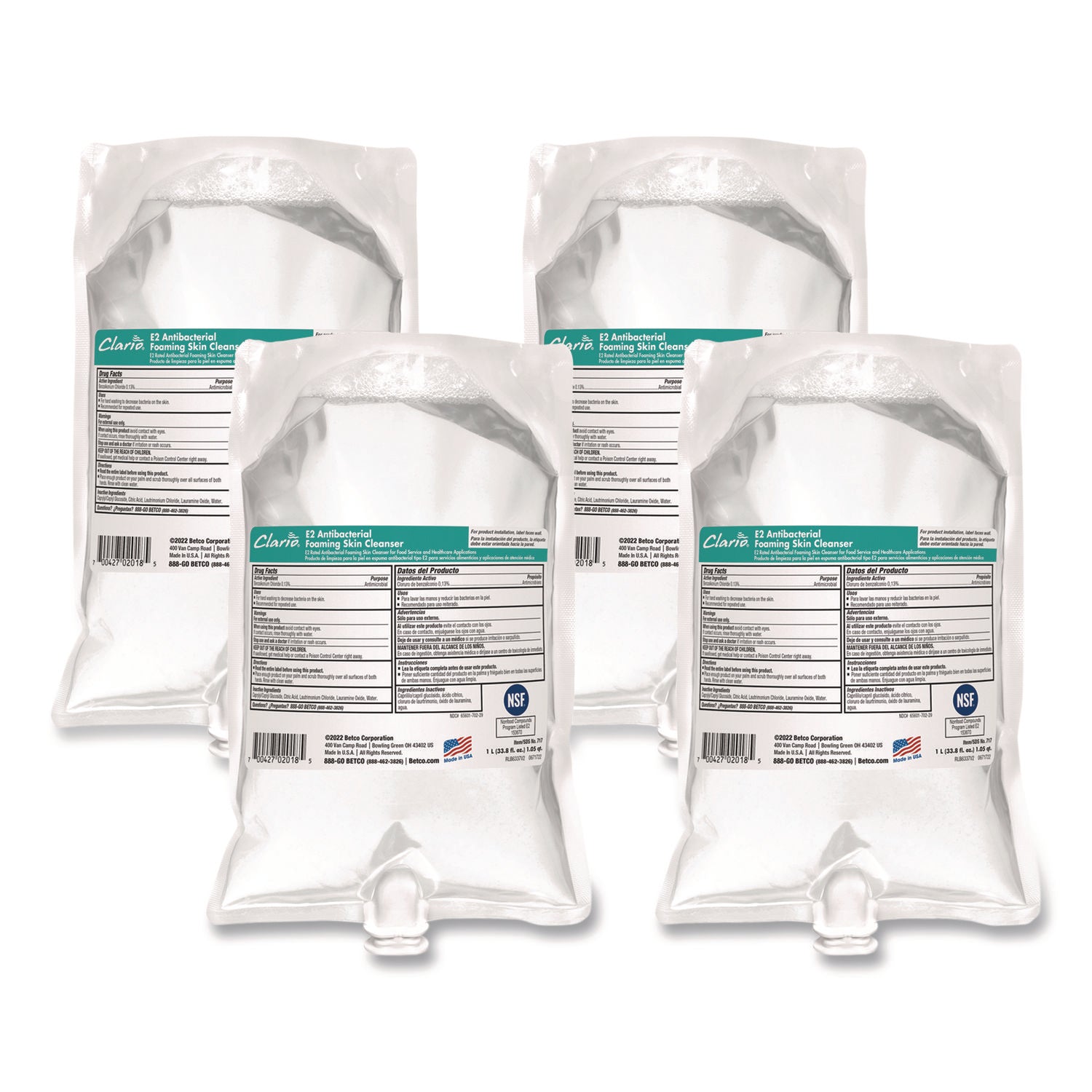 E2 Antibacterial Foaming Skin Cleanser, Fragrance Free, 1,000 mL Refill Bag, 6/Carton