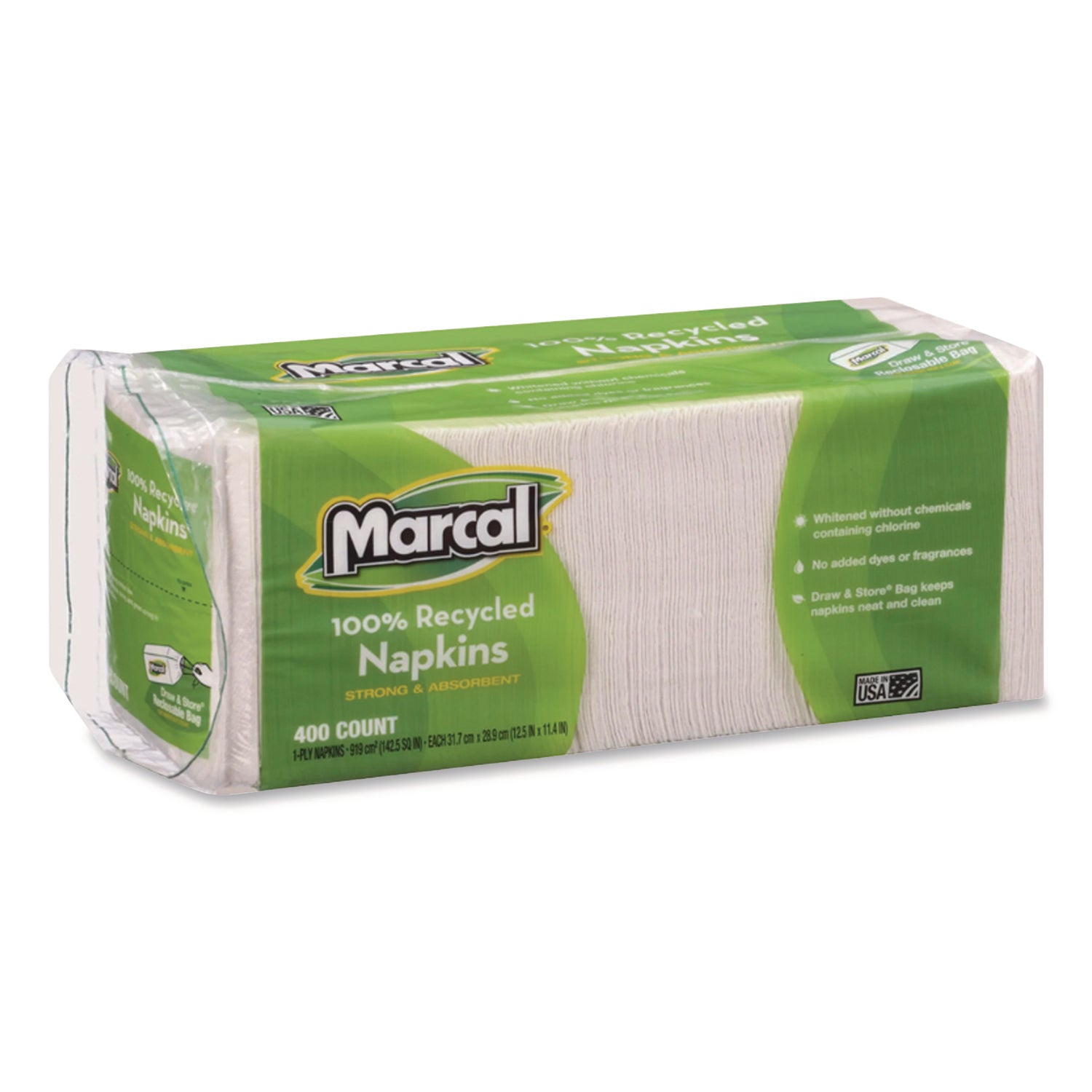100% Recycled Lunch Napkins, 1-Ply, 11.4 x 12.5, White, 400/Pack